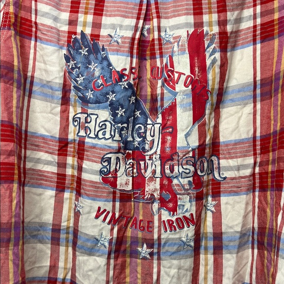 NWT Harley Davidson Women's Red and White Plaid Cold Shoulder Button Down Shirt - Picture 7 of 7